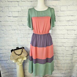 NWT JustFab Size S Pastel Pink/Purple/Grn. Color Block Flutter Sleeve Midi Dress